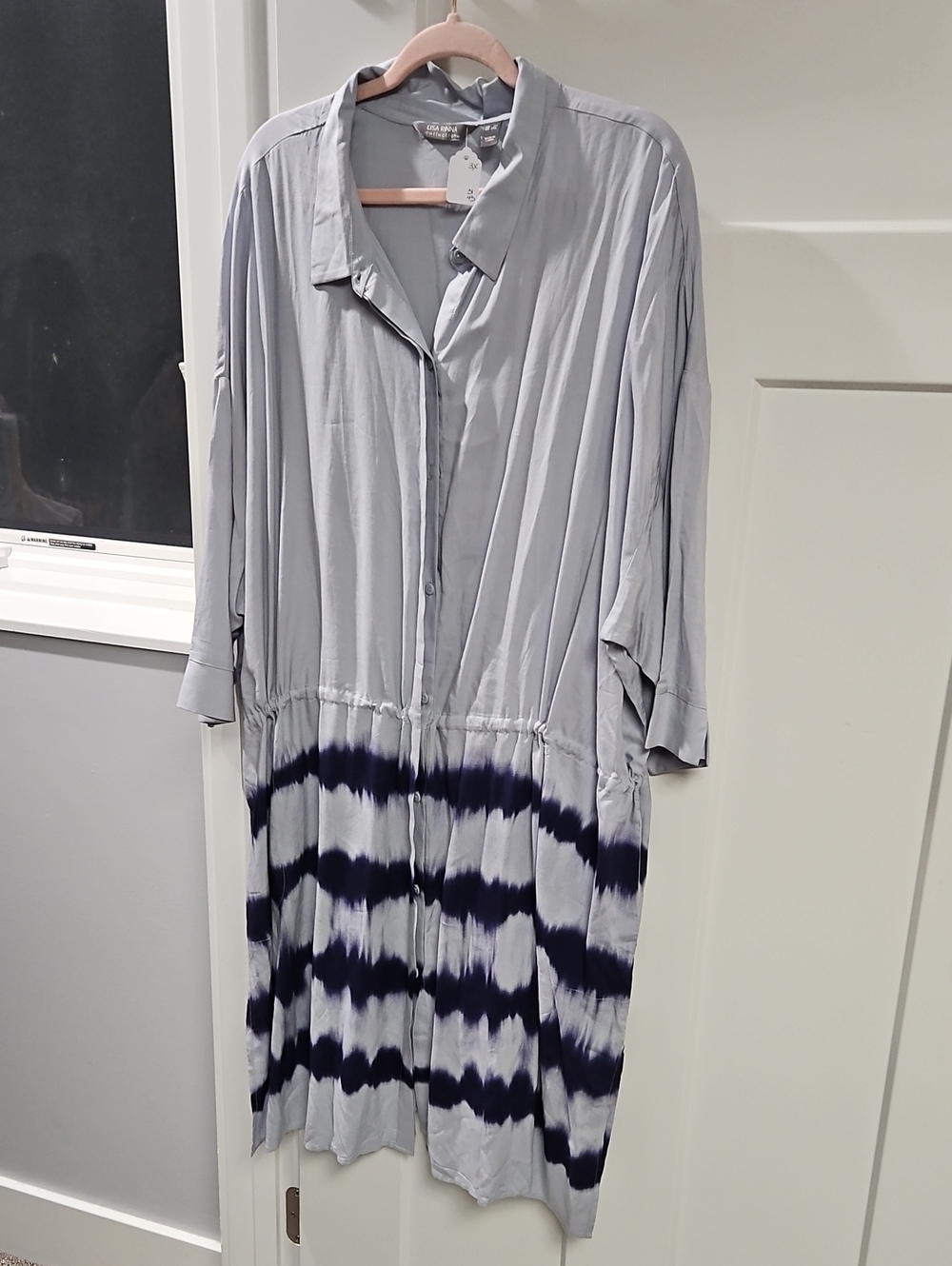 Lisa Rinna Collection Light Gray and Navy Tie-Dye Midi Shirt Dress